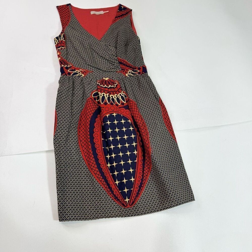 Burlapp Sheath Dress Womens Medium Navy Red Printed Sleeveless V-Neck Cotton